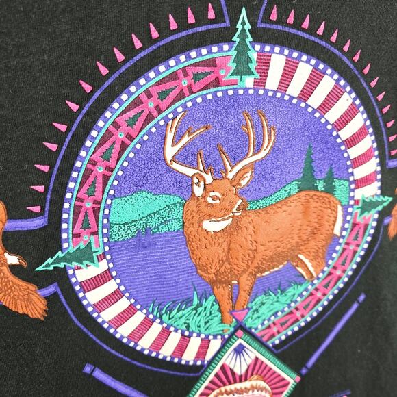 Vintage Heartland Apparel Oregon Shirt XL Black Deer Nature Puff Paint Aztec 90s - Picture 5 of 9